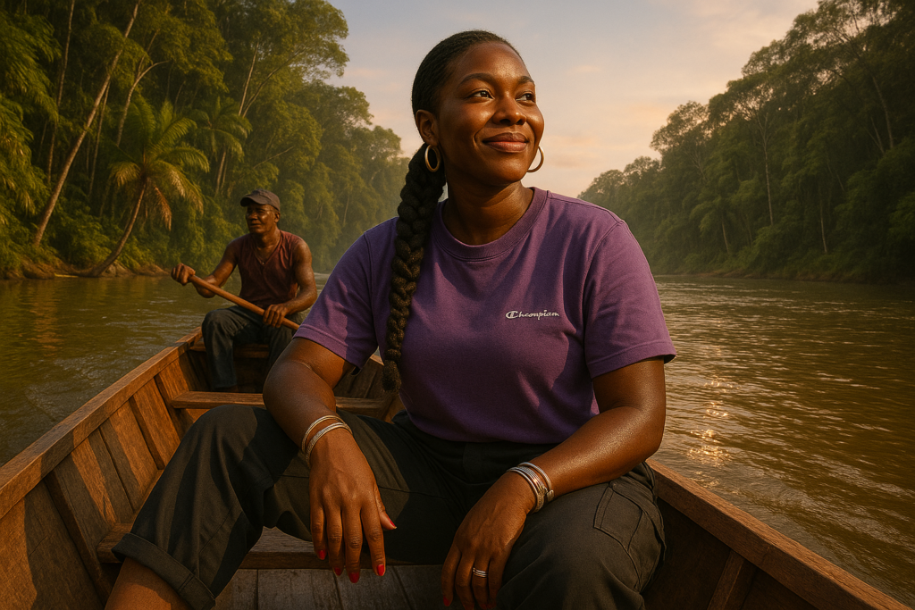 woman is travelling in a boat in Suriname