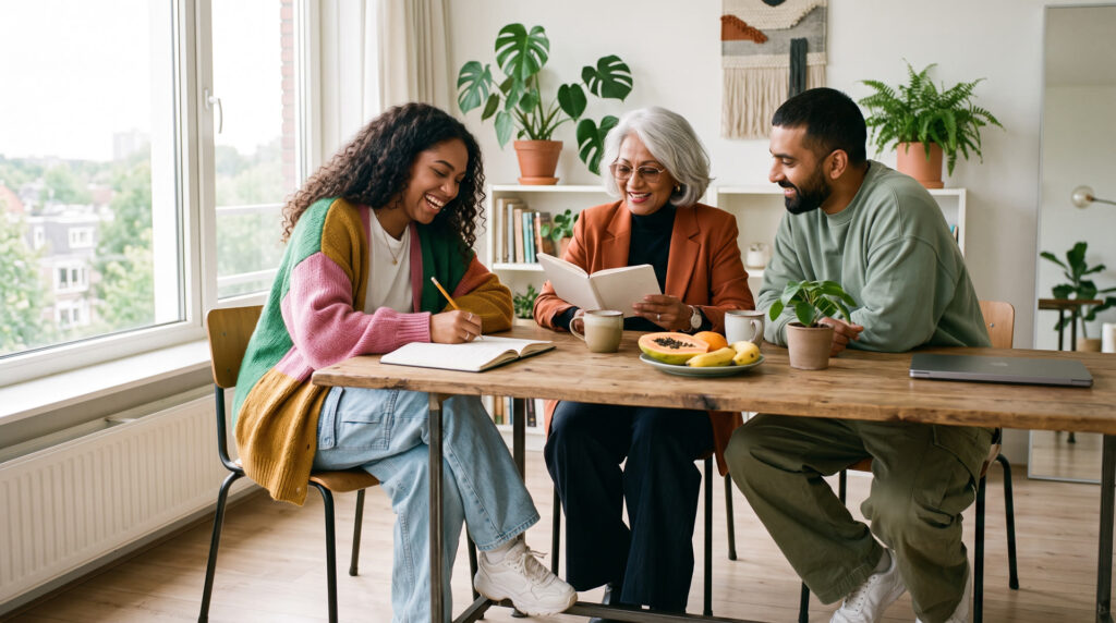 Drie Surinamers van verschillende generaties leren samen Surinaams aan de keukentafel